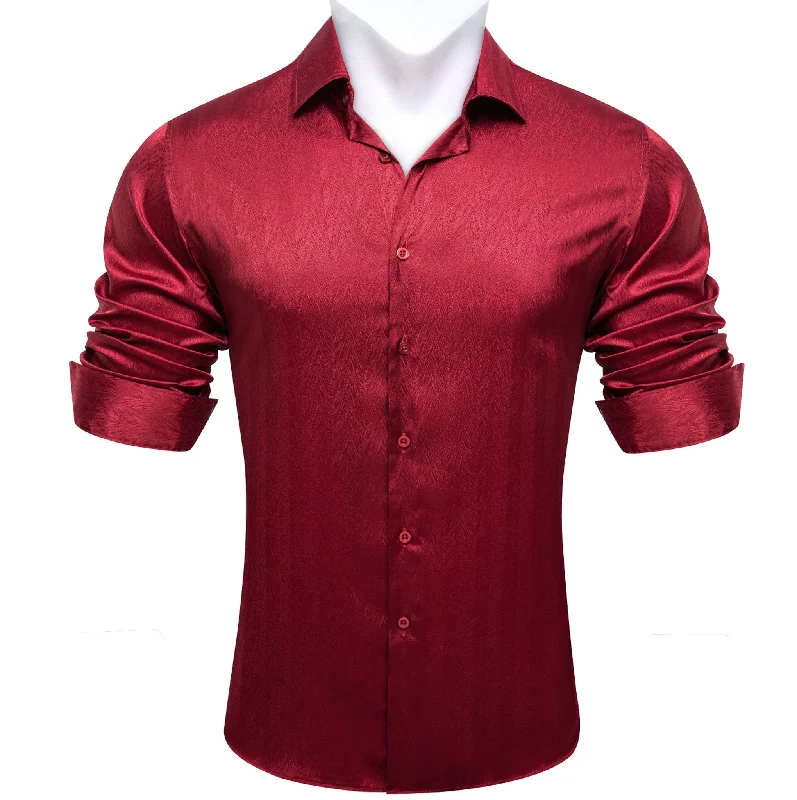 New Dark Red Solid Silk Men's Long Sleeve Shirt- CY-0672