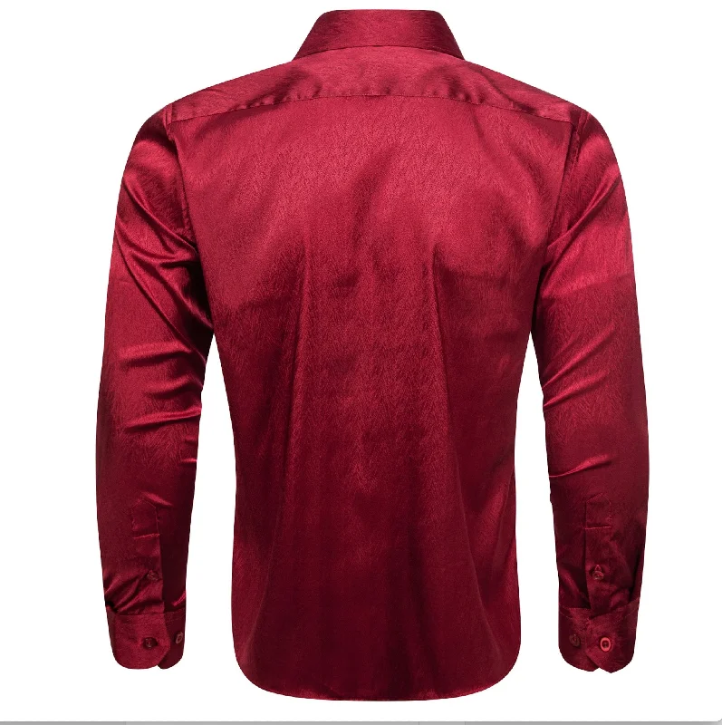 New Dark Red Solid Silk Men's Long Sleeve Shirt- CY-0672