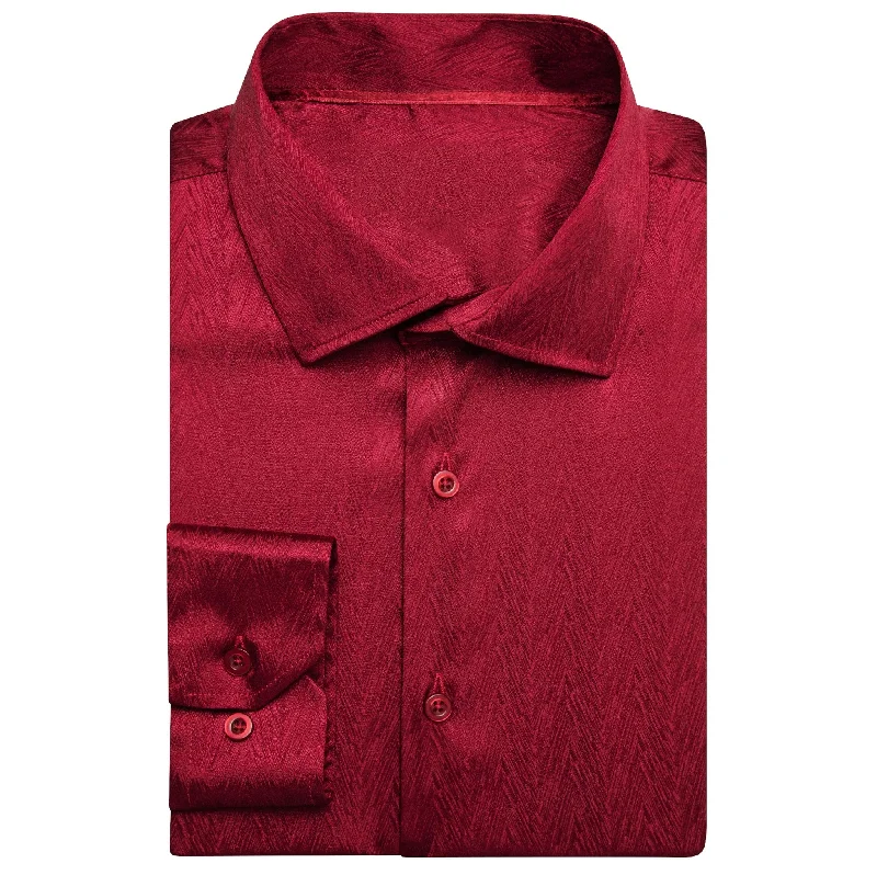 New Dark Red Solid Silk Men's Long Sleeve Shirt- CY-0672