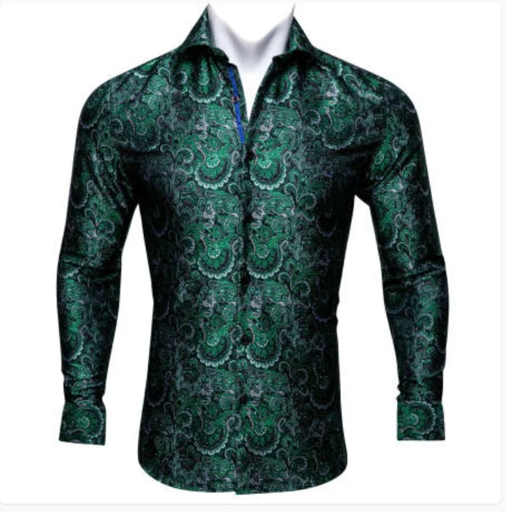 New Green Silk Paisley Tribal Long  Sleeve  Men's Shirt- CY-0045