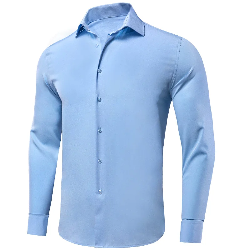 New Light Blue Solid Stretch Men's Long Sleeve Shirt-CY-1056