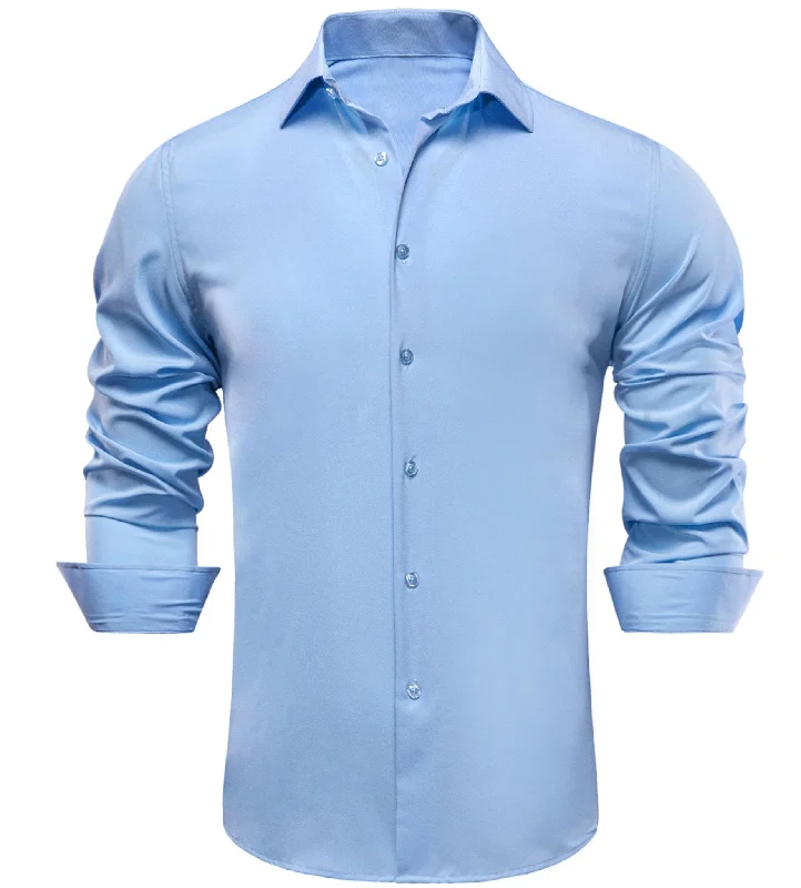 New Light Blue Solid Stretch Men's Long Sleeve Shirt-CY-1056