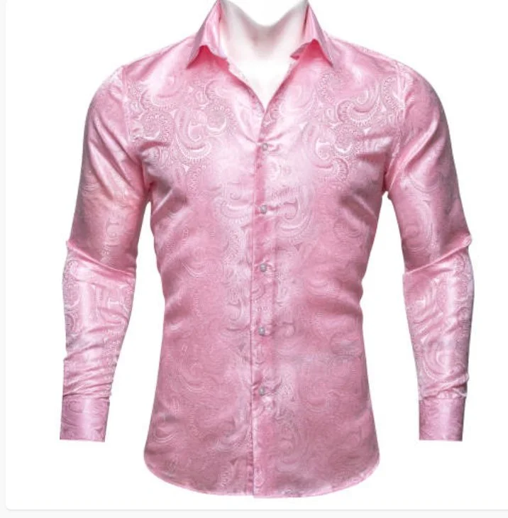 New Pink Paisley Silk Men's Long Sleeve Shirt Casual- CY-0611