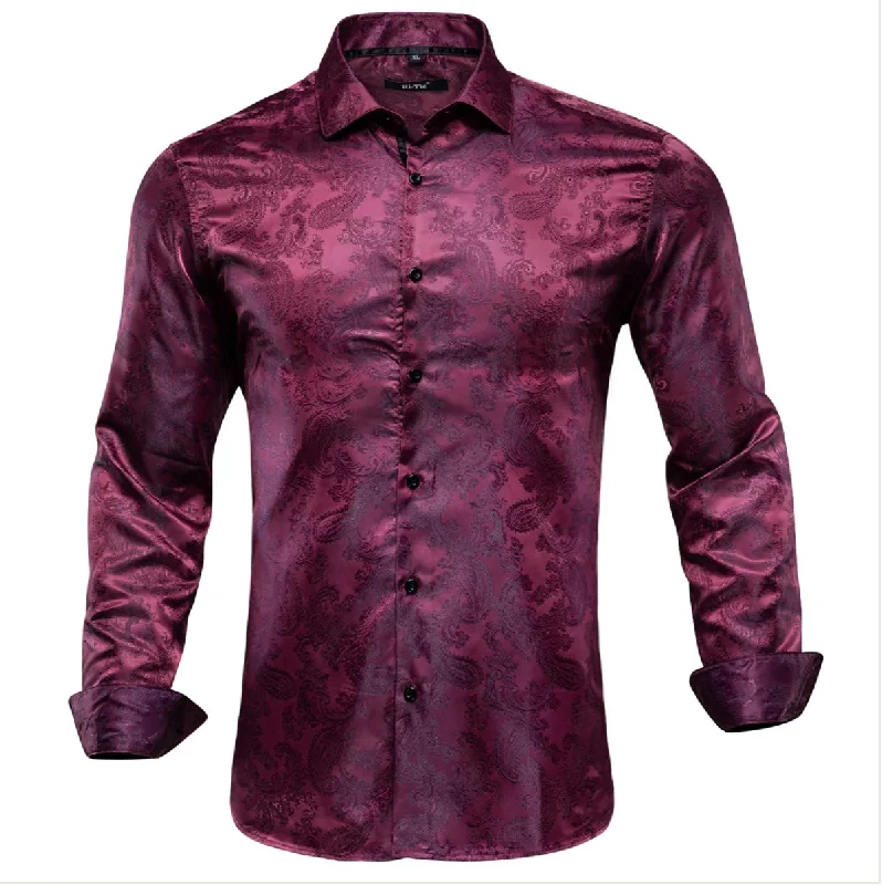 New Purple Red Paisley Silk Men's Long Sleeve Shirt- CY-0072