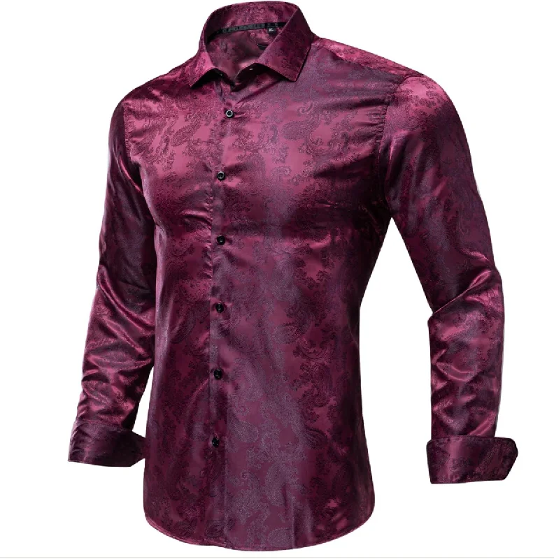 New Purple Red Paisley Silk Men's Long Sleeve Shirt- CY-0072