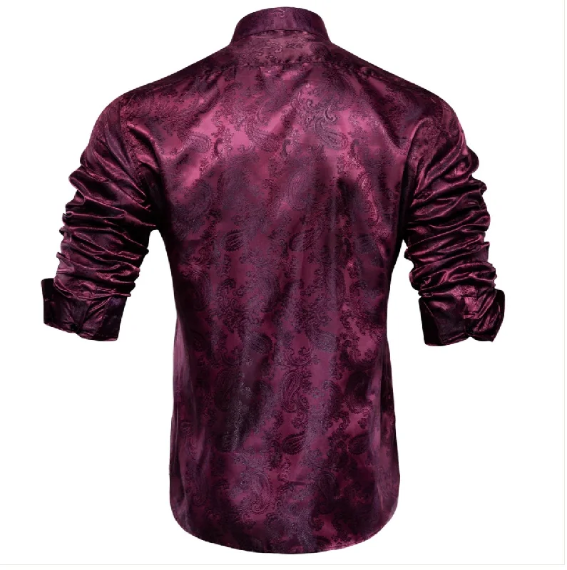 New Purple Red Paisley Silk Men's Long Sleeve Shirt- CY-0072