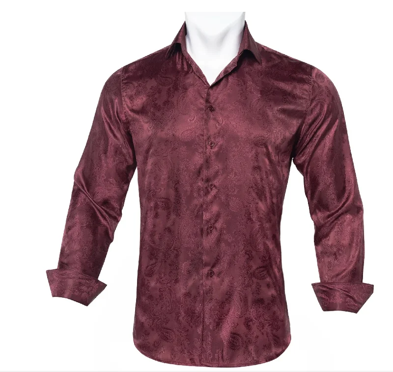 New Maroon   Paisley Silk Men's Long Sleeve Shirt-CY-1014