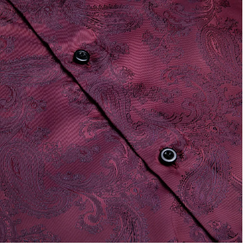 New Maroon   Paisley Silk Men's Long Sleeve Shirt-CY-1014