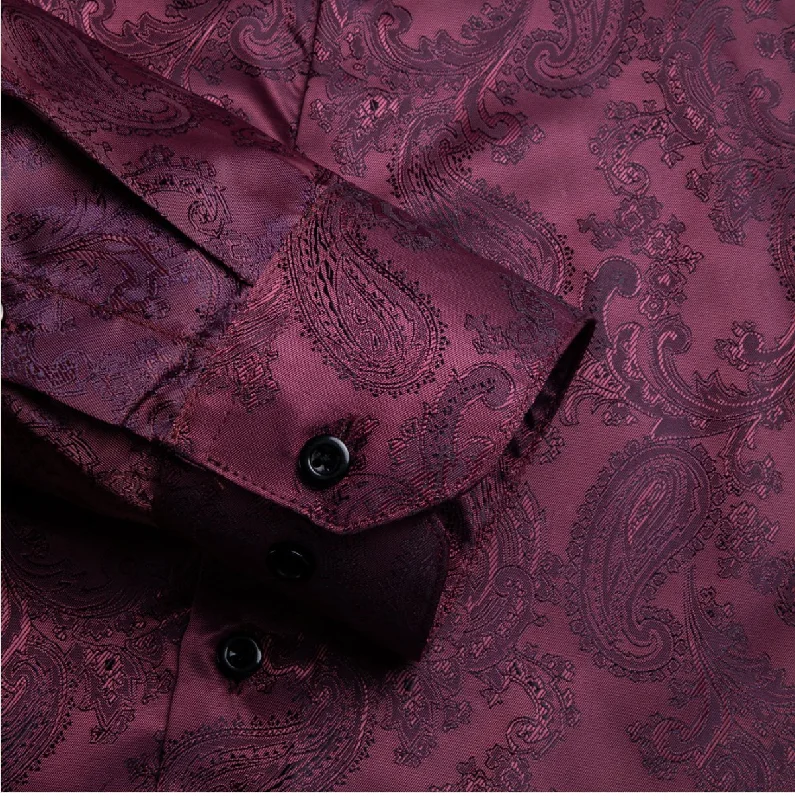 New Maroon   Paisley Silk Men's Long Sleeve Shirt-CY-1014