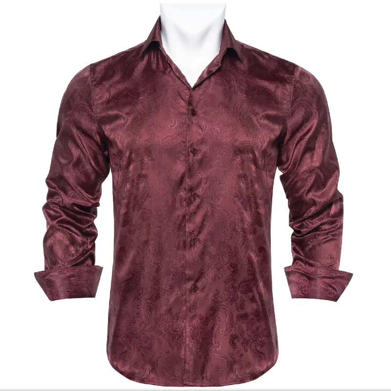 New Maroon   Paisley Silk Men's Long Sleeve Shirt-CY-1014