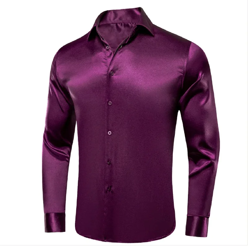 New Purple Satin Silk Men's Long Sleeve Shirt-CY-0521