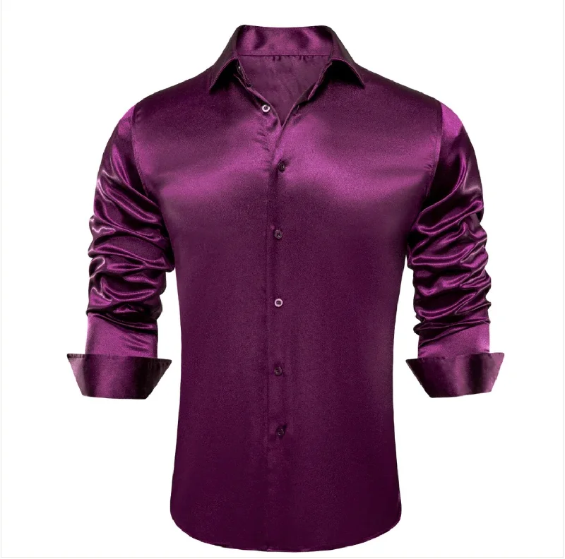 New Purple Satin Silk Men's Long Sleeve Shirt-CY-0521