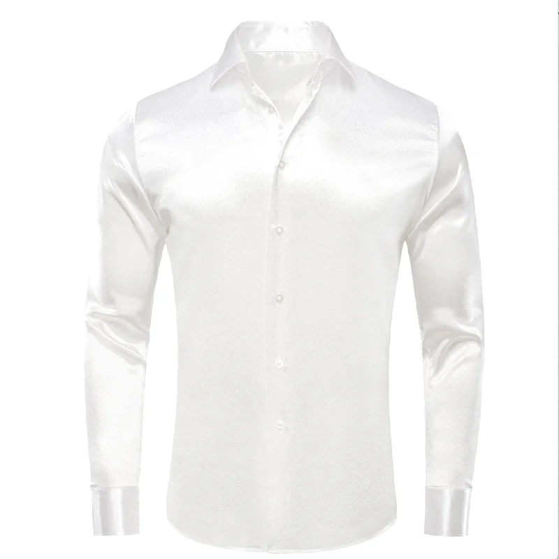 New White Satin Silk Men's Long Sleeve Shirt- CY-1513