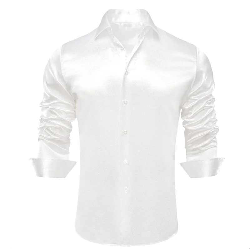 New White Satin Silk Men's Long Sleeve Shirt- CY-1513