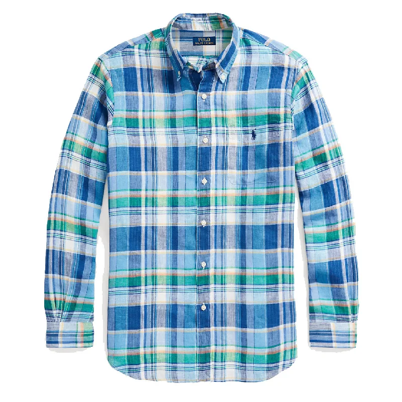 Polo Ralph Lauren Custom Fit Plaid Linen Shirt Blue/Green Multi