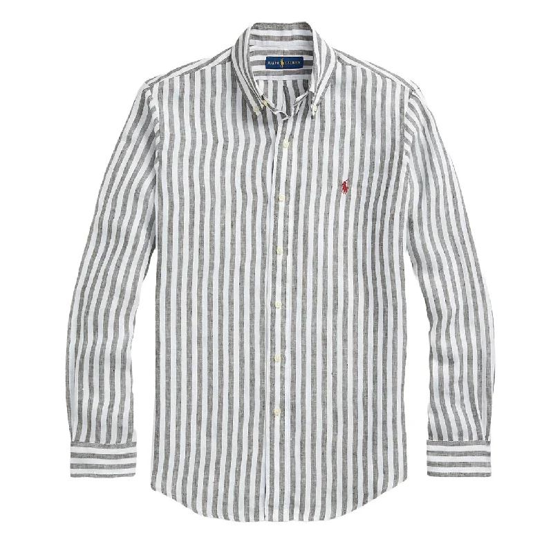 Polo Ralph Lauren Custom Fit Striped Linen Shirt Olive / White