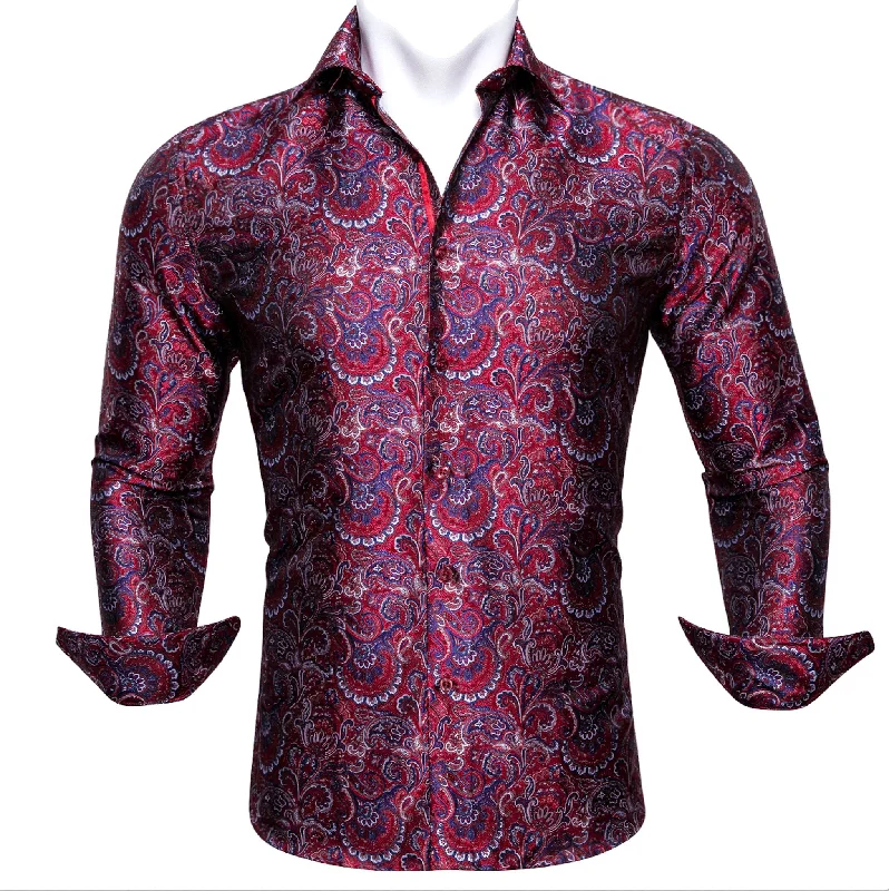 Maroon  Blue  Paisley Silk Men's Shirt- CY-0042