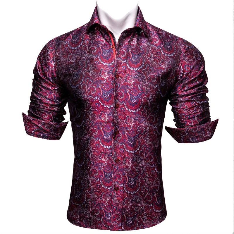 Maroon  Blue  Paisley Silk Men's Shirt- CY-0042