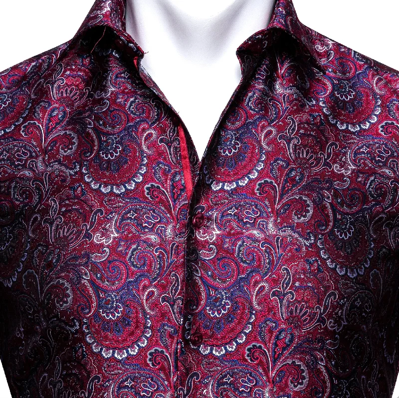 Maroon  Blue  Paisley Silk Men's Shirt- CY-0042