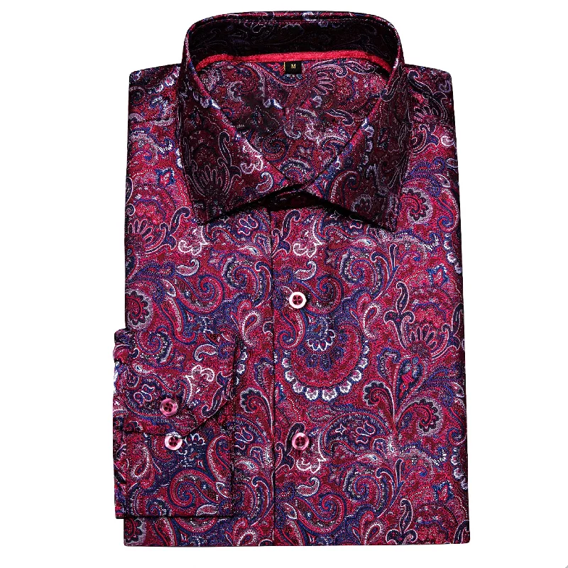 Maroon  Blue  Paisley Silk Men's Shirt- CY-0042