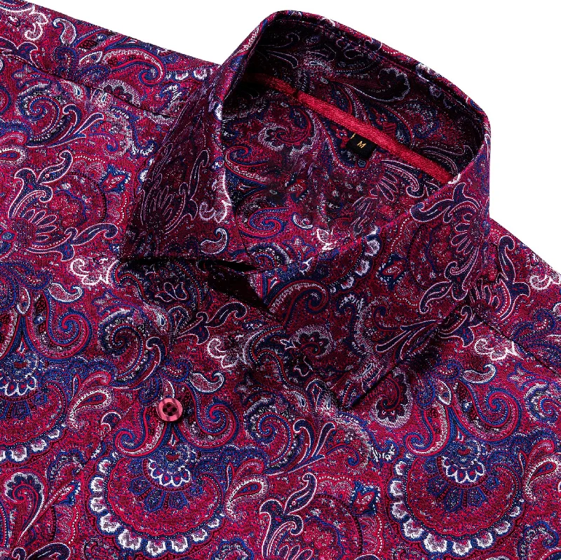 Maroon  Blue  Paisley Silk Men's Shirt- CY-0042