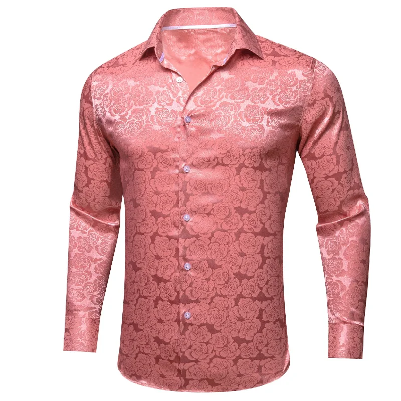 Rose Pink Coral Floral  Silk Men's Long Sleeve Shirt- CY-0673