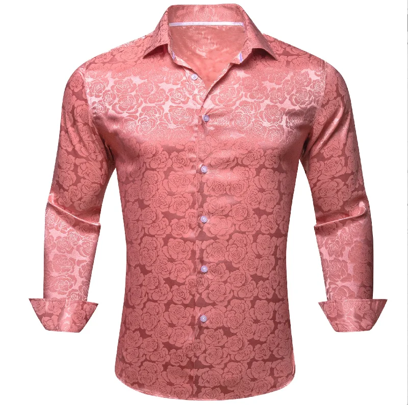 Rose Pink Coral Floral  Silk Men's Long Sleeve Shirt- CY-0673