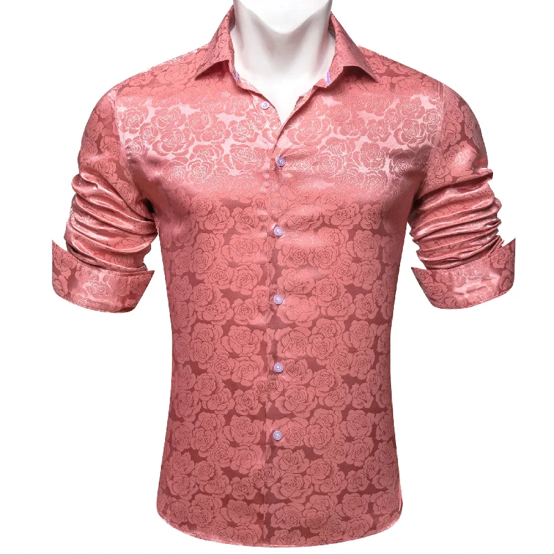 Rose Pink Coral Floral  Silk Men's Long Sleeve Shirt- CY-0673