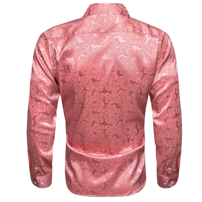 Rose Pink Coral Floral  Silk Men's Long Sleeve Shirt- CY-0673