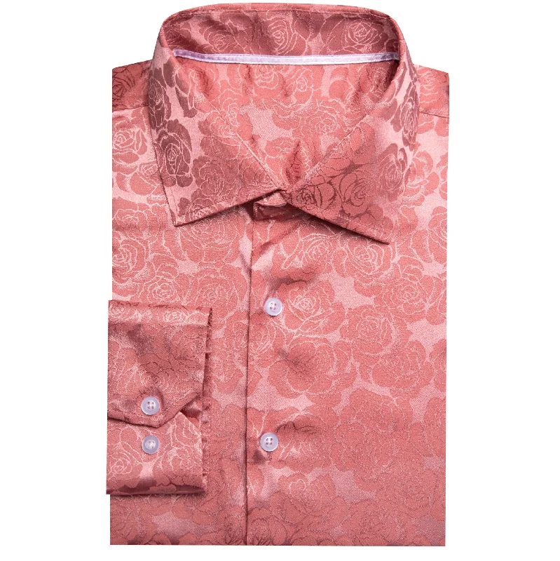 Rose Pink Coral Floral  Silk Men's Long Sleeve Shirt- CY-0673