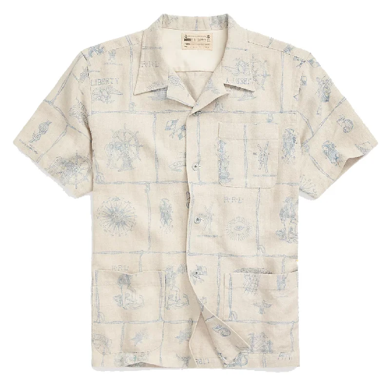 RRL by Ralph Lauren Print Indigo Linen Camp Shirt Creme Multi