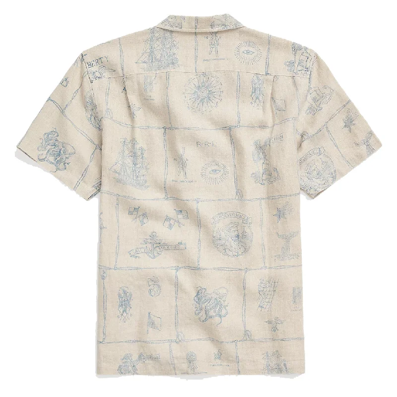 RRL by Ralph Lauren Print Indigo Linen Camp Shirt Creme Multi