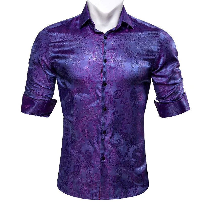 Shining Purple Blue Paisley Silk Men's Shirt- CY-0085