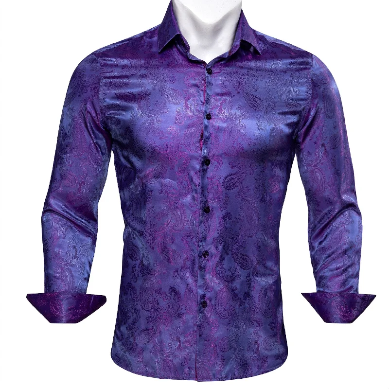 Shining Purple Blue Paisley Silk Men's Shirt- CY-0085