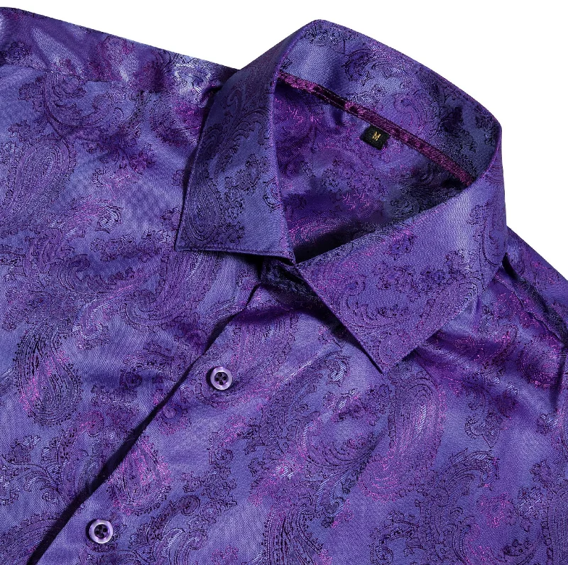 Shining Purple Blue Paisley Silk Men's Shirt- CY-0085