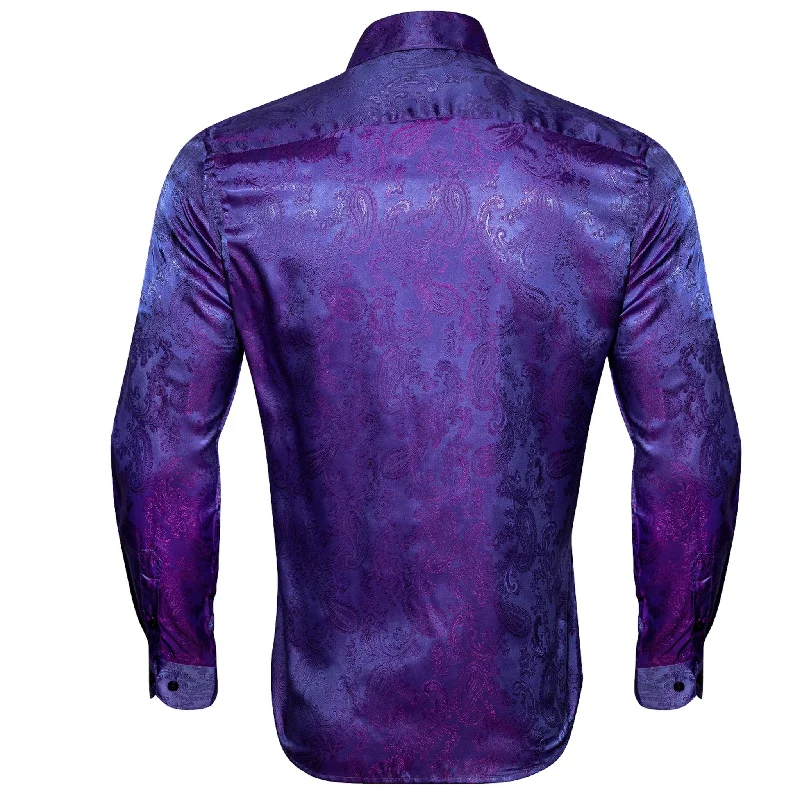 Shining Purple Blue Paisley Silk Men's Shirt- CY-0085