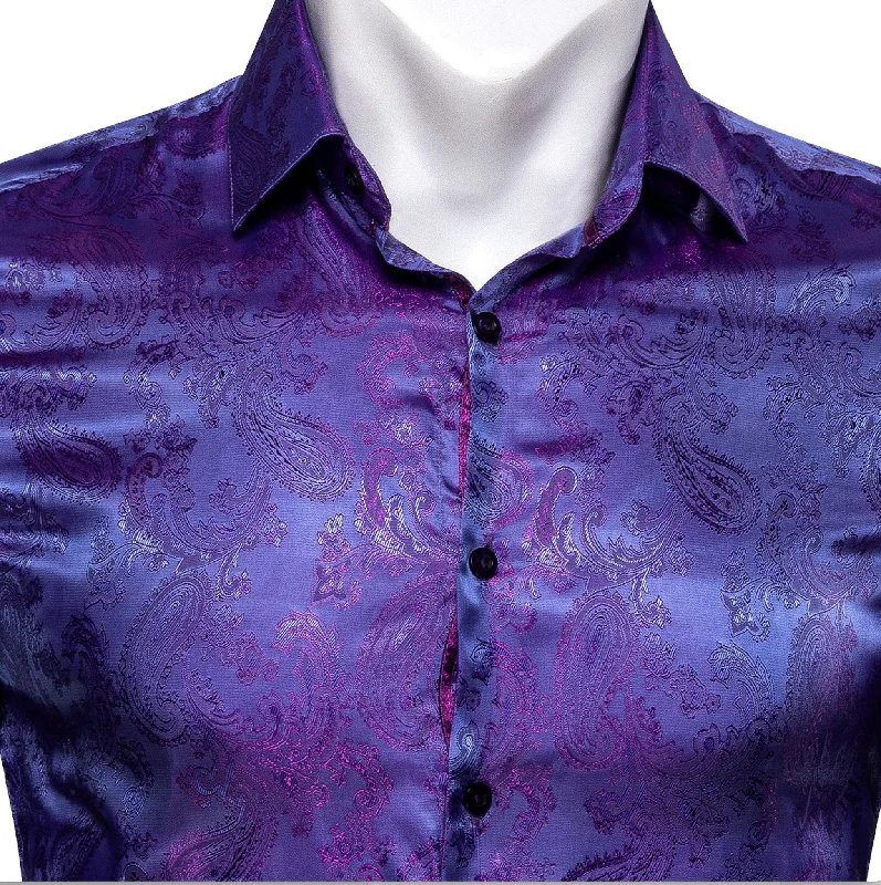 Shining Purple Blue Paisley Silk Men's Shirt- CY-0085