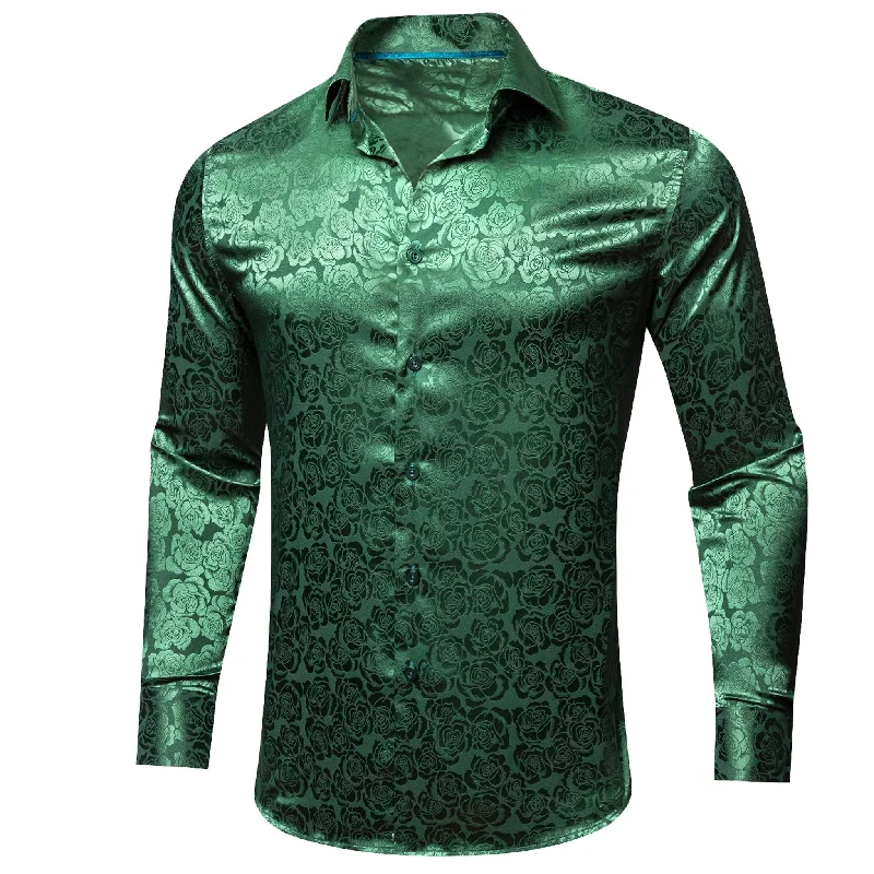 Simon.Von  Beautiful Green Print Flower Silk Men's Shirt-CY-0679