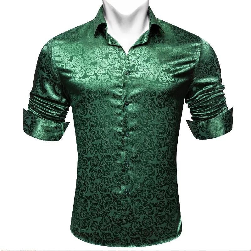 Simon.Von  Beautiful Green Print Flower Silk Men's Shirt-CY-0679