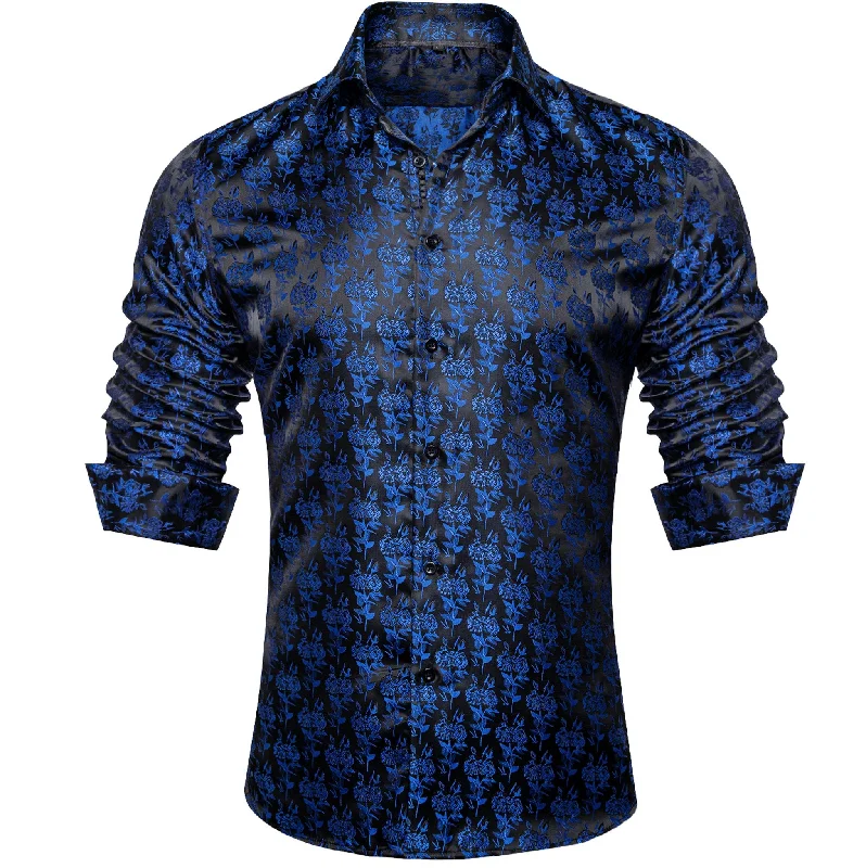 SIMON.VON BLACK BLUE FLORAL SILK MEN'S SHIRT- CY-2016