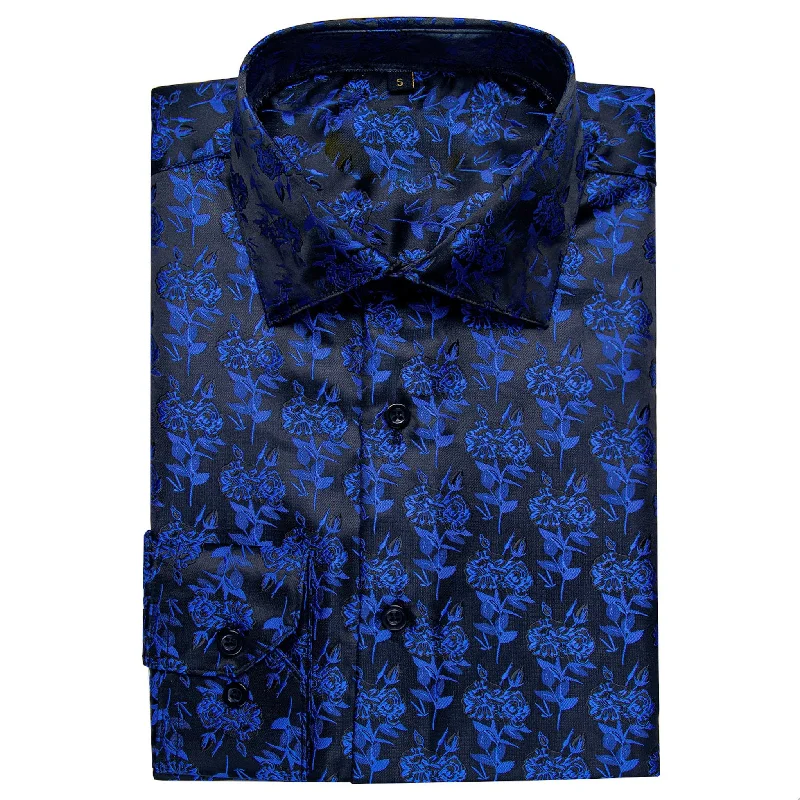 SIMON.VON BLACK BLUE FLORAL SILK MEN'S SHIRT- CY-2016