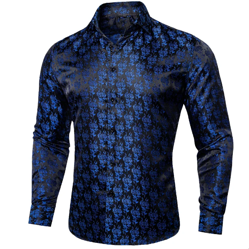 SIMON.VON BLACK BLUE FLORAL SILK MEN'S SHIRT- CY-2016