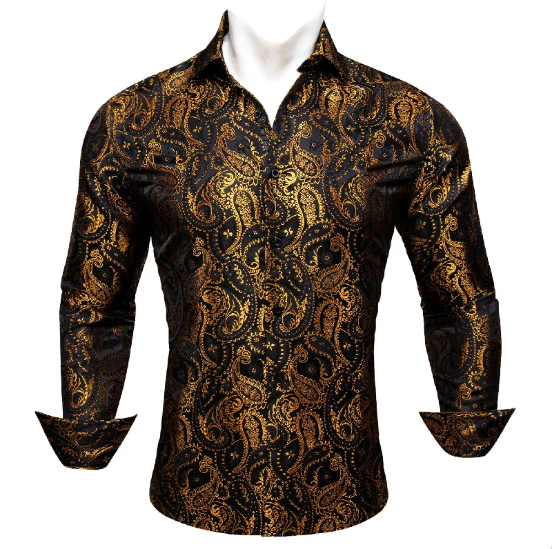 Simon.Von Black Gold Paisley Silk Men's Shirt-CY-0460