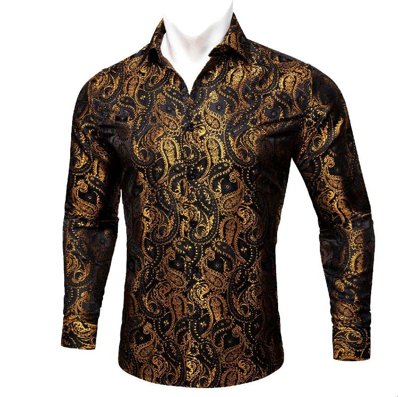 Simon.Von Black Gold Paisley Silk Men's Shirt-CY-0460