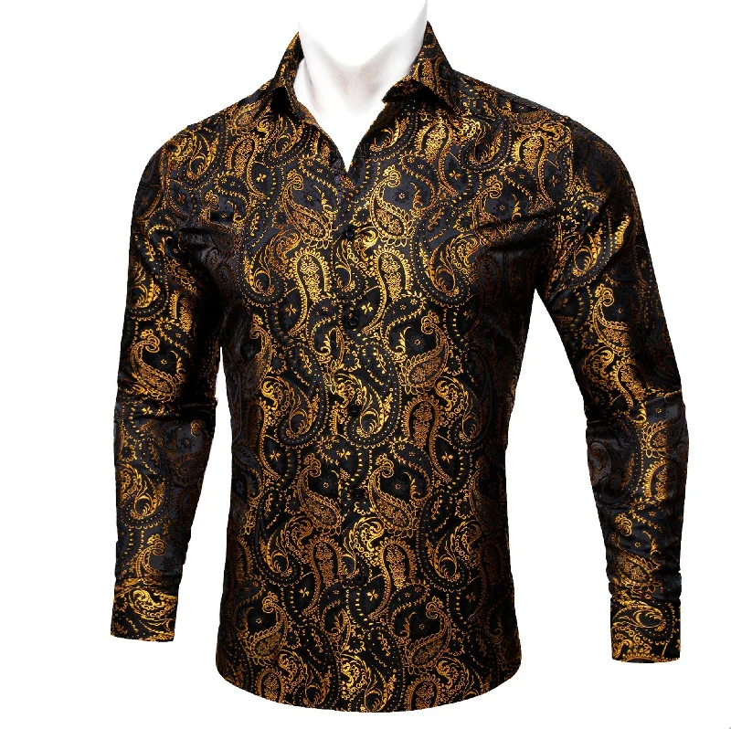 Simon.Von Black Gold Paisley Silk Men's Shirt-CY-0460