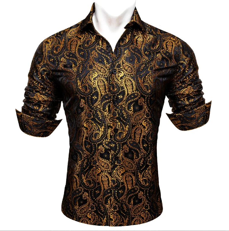 Simon.Von Black Gold Paisley Silk Men's Shirt-CY-0460