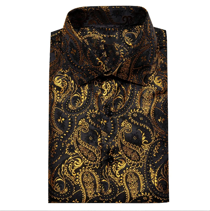 Simon.Von Black Gold Paisley Silk Men's Shirt-CY-0460