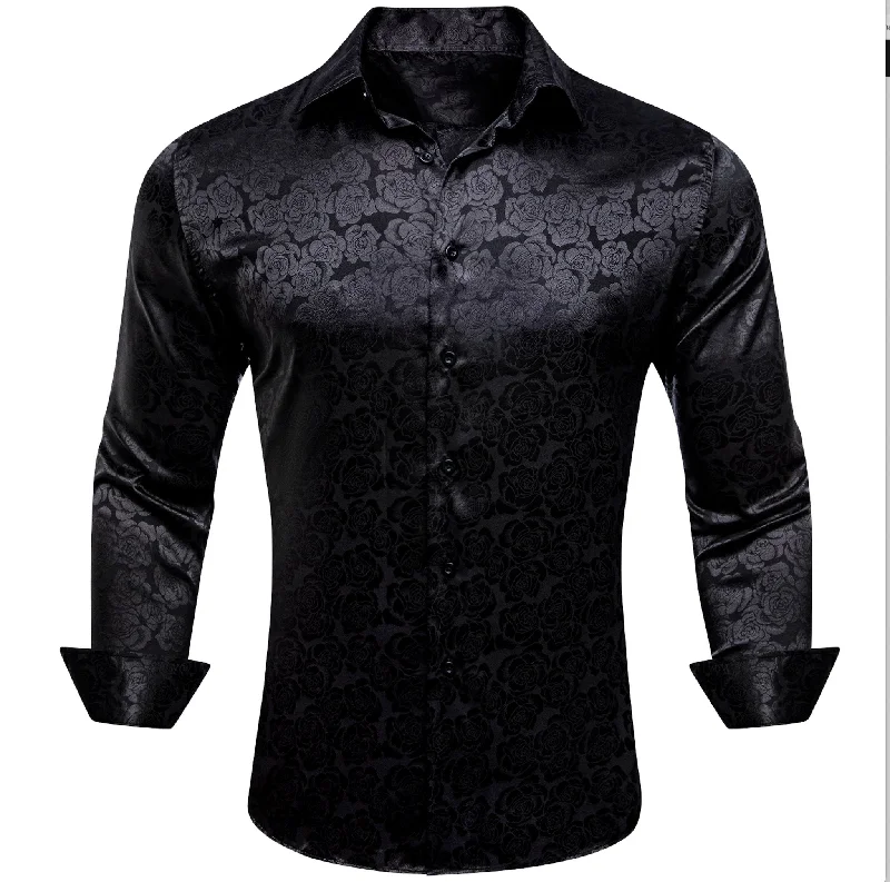 Simon.Von Black Print Flower Silk Men's Shirt- CY-0664