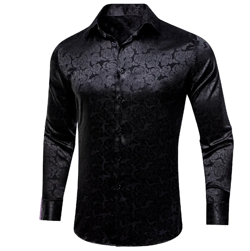 Simon.Von Black Print Flower Silk Men's Shirt- CY-0664