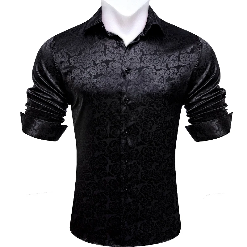 Simon.Von Black Print Flower Silk Men's Shirt- CY-0664